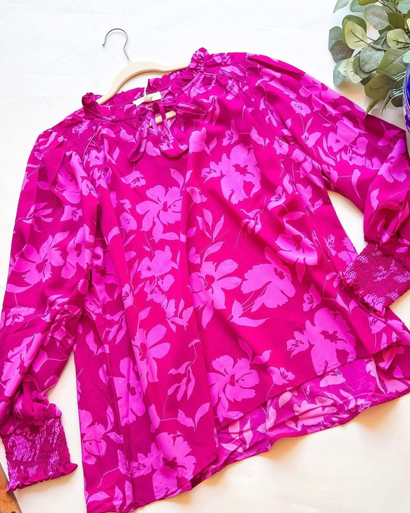 Plus Size Magenta Berry Mix Floral Print Long Sleeve Smock Ruffle Open Tie Neck Top