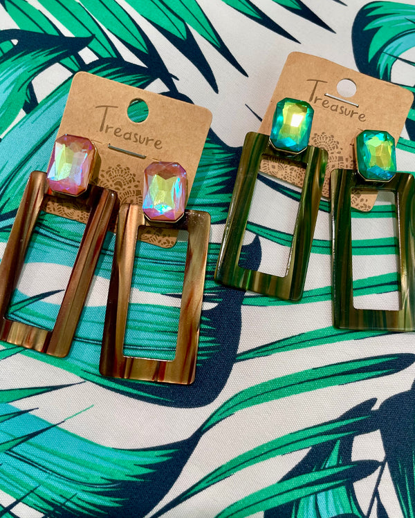 Brown or Green Acrylic Square Post Drop Blue or Pink Rhinestone Earring