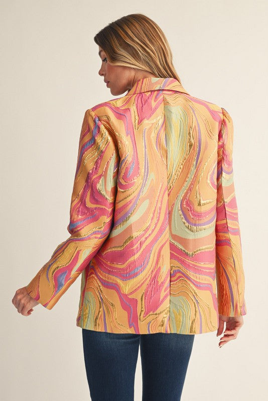 Multicolor Abstract Jacquard Long Sleeve Lined Blazer
