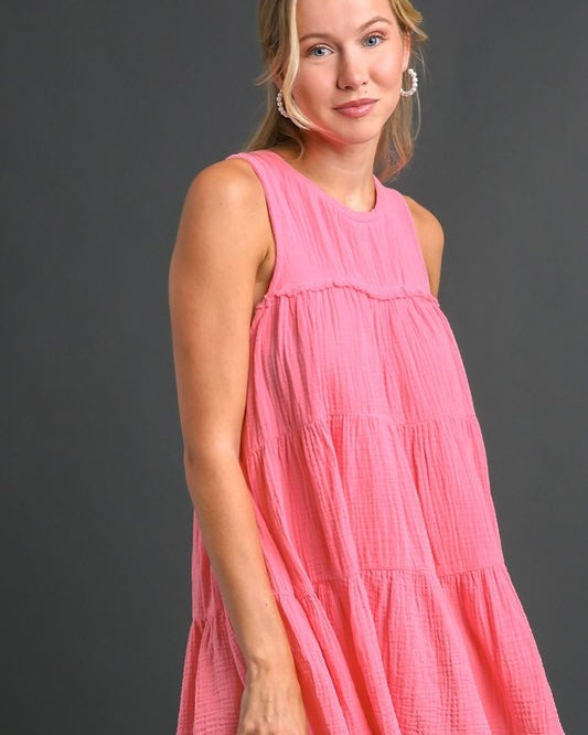 White, Pink or Lime Green Oversized Sleeveless Tiered Babydoll Cotton Gauze Top