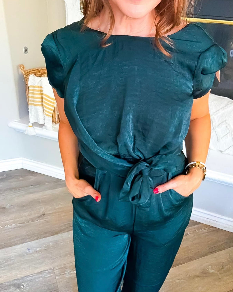 Emerald Green Shimmer Short Cap Sleeve Holiday Party Jumpsuit Pantsuit