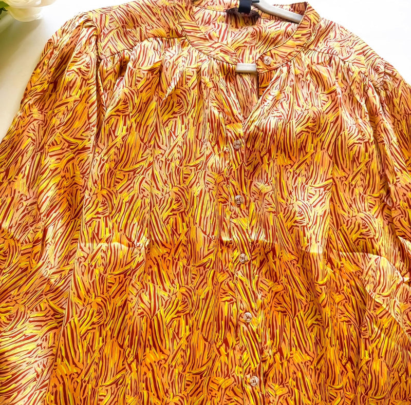 Citrus Gold Wheat Print Button Down Dolman Sleeve Blouse