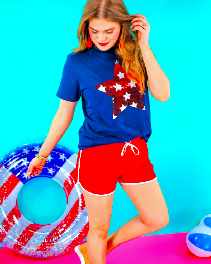 RWB Blue T-shirt with Sparkle Patriotic Sequin Red and White Star Top