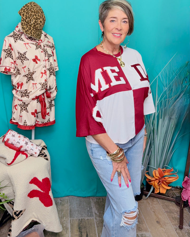 Huddle Up Color Block "Game Day” Chenille Patch 3/4 Sleeve Pullover Top