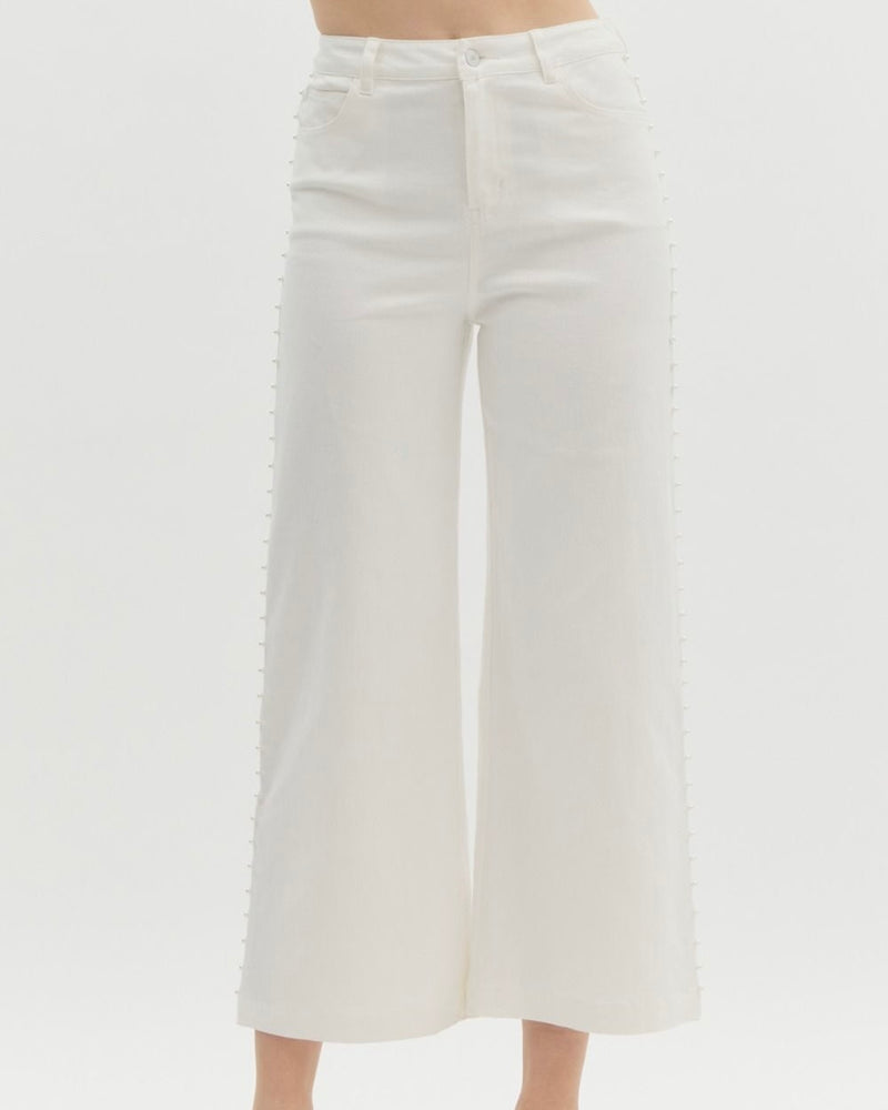 Solid White Pearl Embellished High Waist Wide Leg Crop Ankle Jeans
