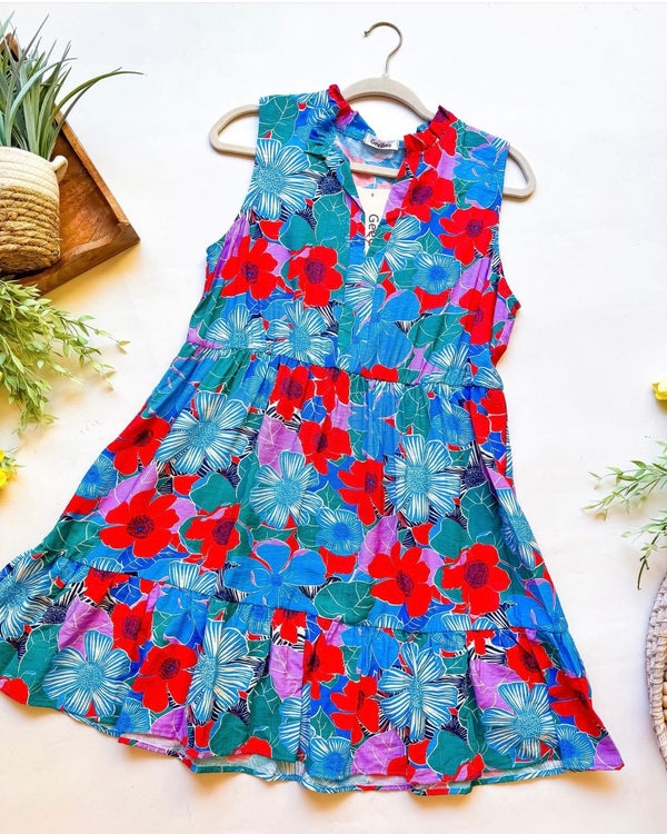 Blue & Red Tropical Print Sleeveless Tiered Collared Dress