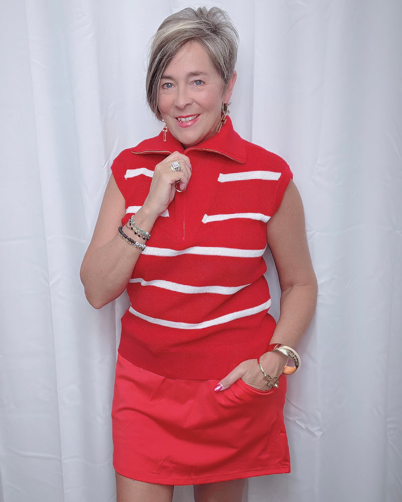 Red w/White Stripe Serving Looks Quarter Zip Sleeves Sweater Vest Top