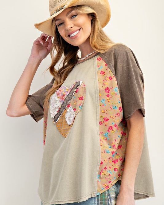 Brown & Khaki Heart Patch Mix & Match Mineral Wash Short Sleeve Top
