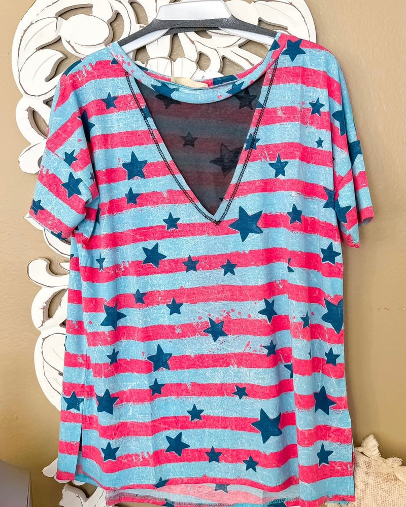 RWB Patriotic Blue with White Stars Stripes USA Mesh VNeck TShirt Top
