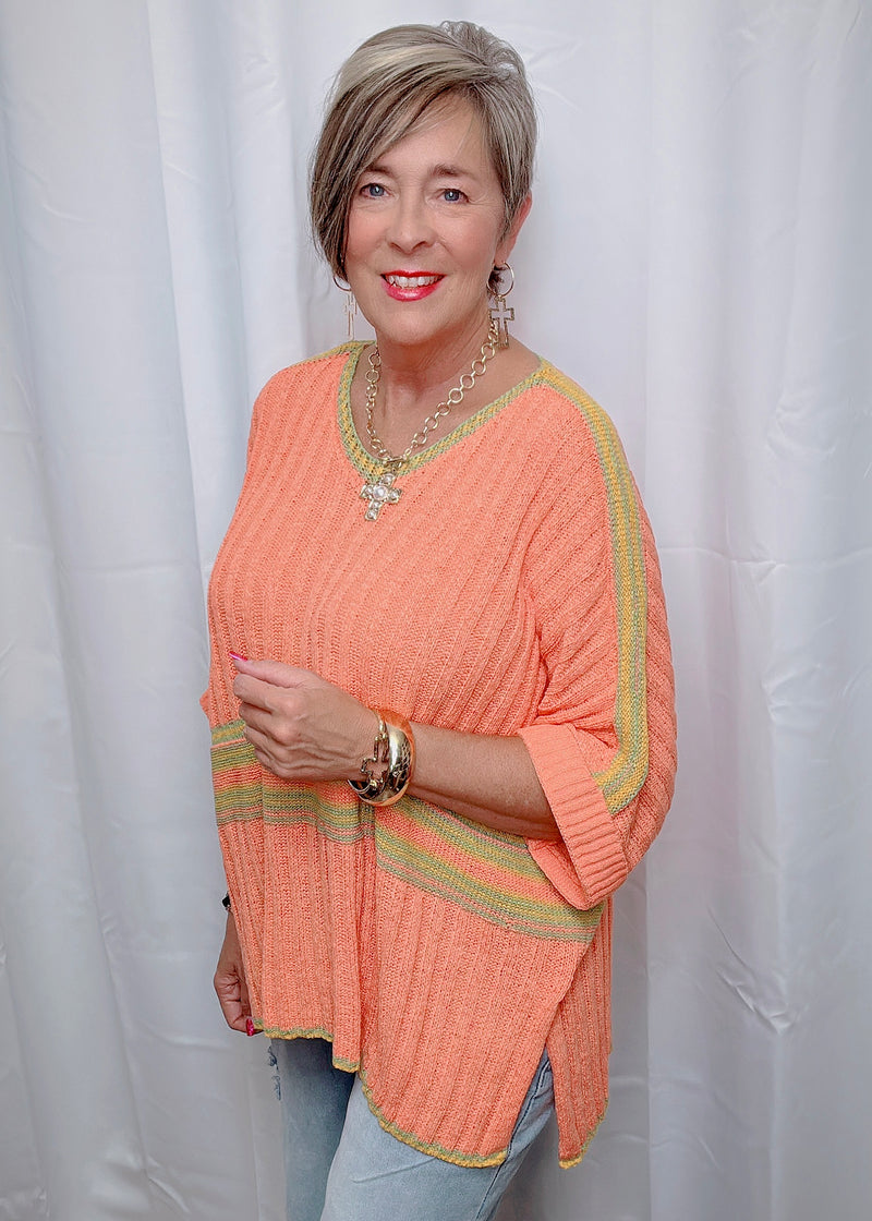 Blue or Orange 3/4 Sleeve VNeck Ribbed Sweater Knit Top