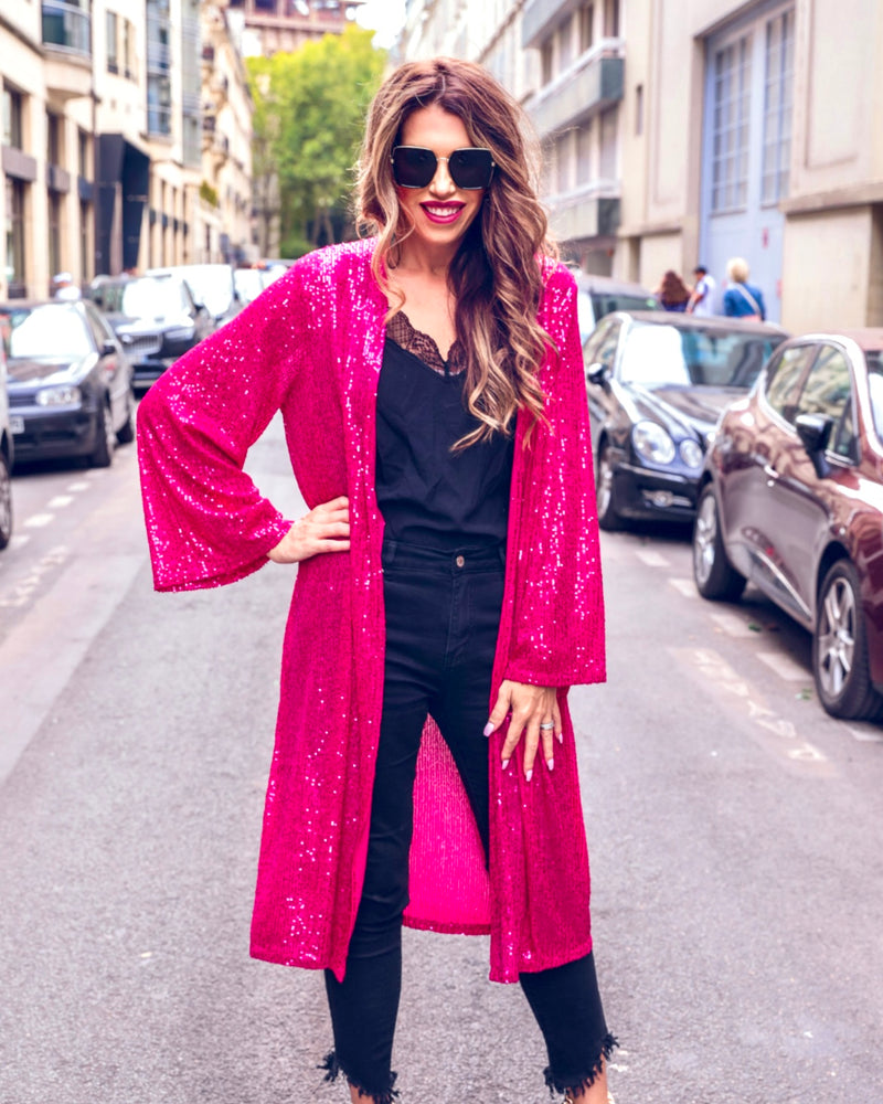 Hot Pink Sparkle Sequin Long Kimono