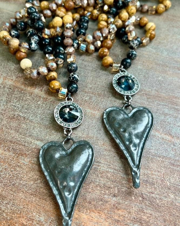 Long Brown & Black, White & Black Tone or Blue & Neutral Tone Beaded Necklace with Double Drop Pendants with Rhinestones and Metal Heart