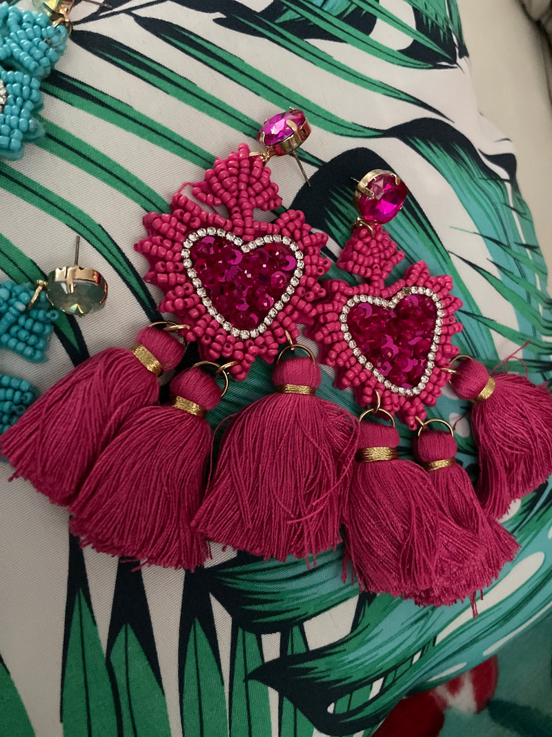 Turquoise Green or Pink Heart Beaded & Rhinestone Post Drop Tassel Earrings