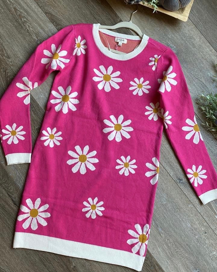 Hot Pink Daisy Midi Loose Fit Pink Sweater  Dress w/daisies