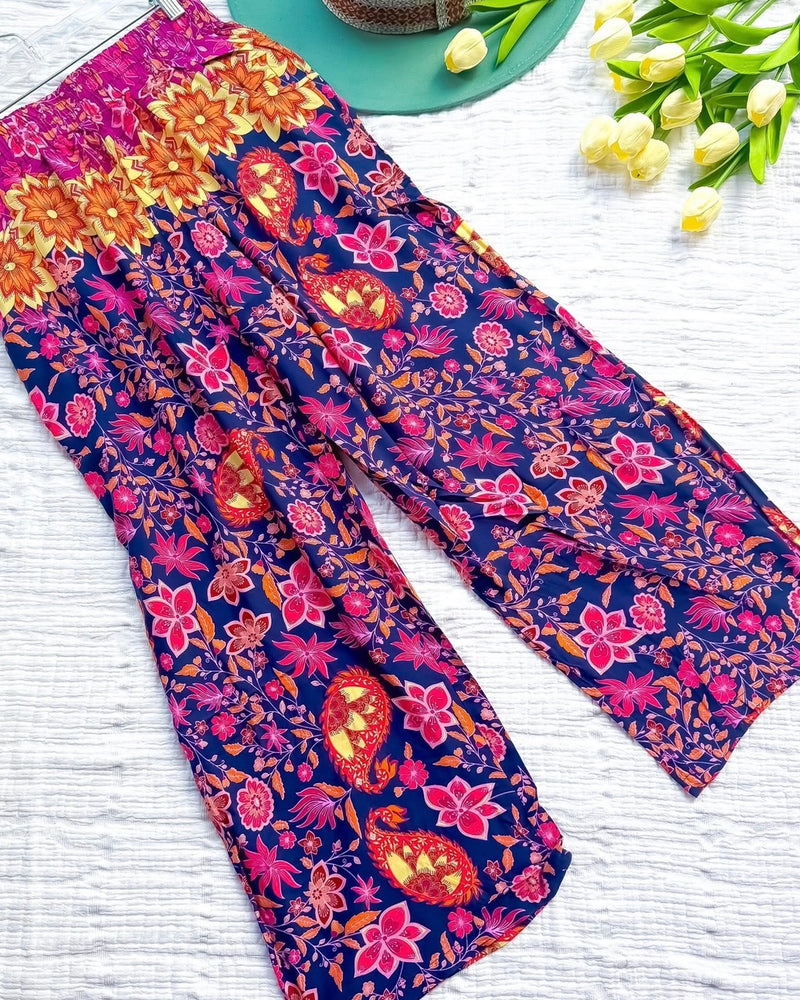Bohemian Boho Style Black & Multicolor Floral Print Elastic Waist Wide Leg Pant