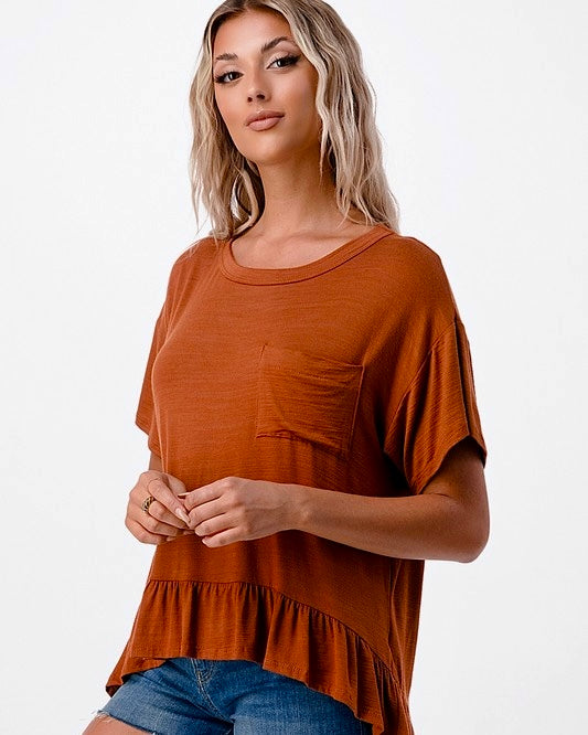 Solid Brown Round Neck Ruffle Hem T-Shirt Short Sleeve Top