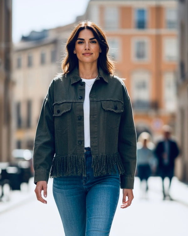 Black Frayed Fringe Detail Waist Style Denim Jacket