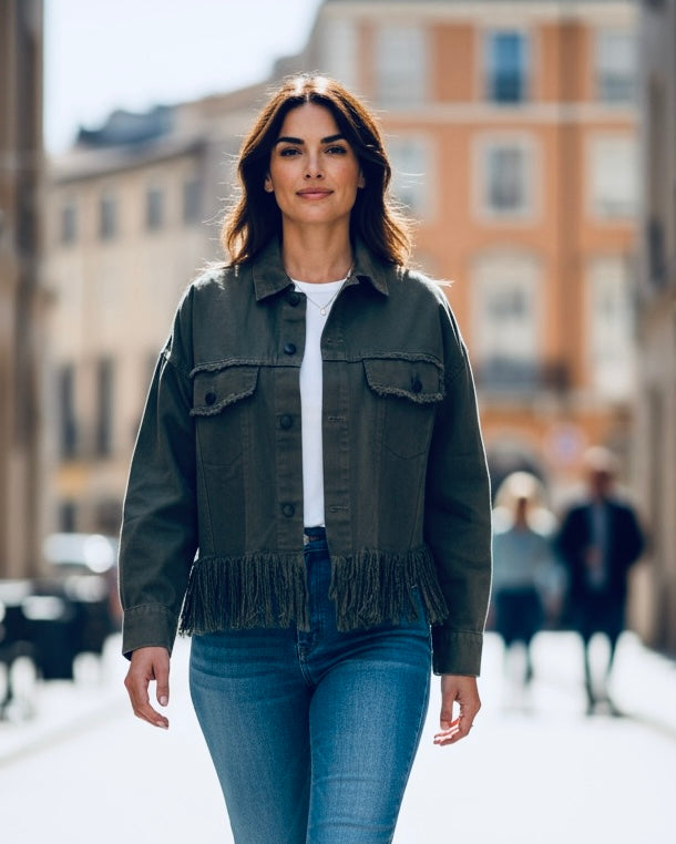 Black Frayed Fringe Detail Waist Style Denim Jacket