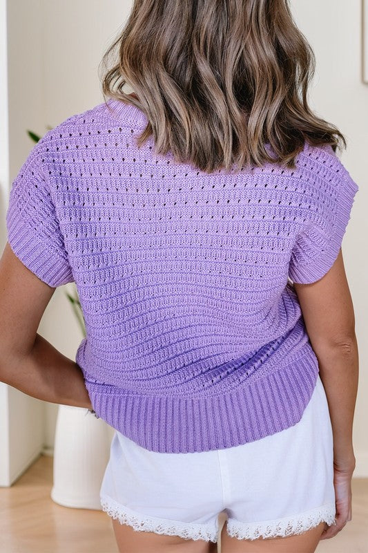 Lilac Purple Light Knit Short Cap Sleeve Crew Neck Sweater Top