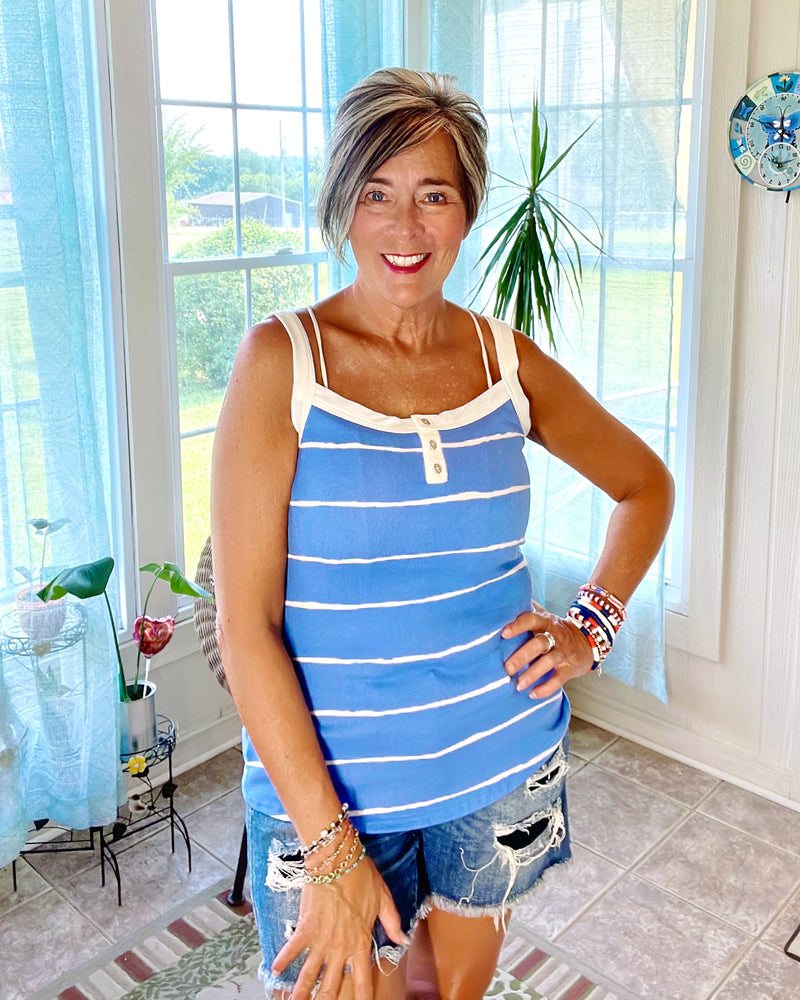 Blue & White Stripe Sleeveless Button  Neck Tank top