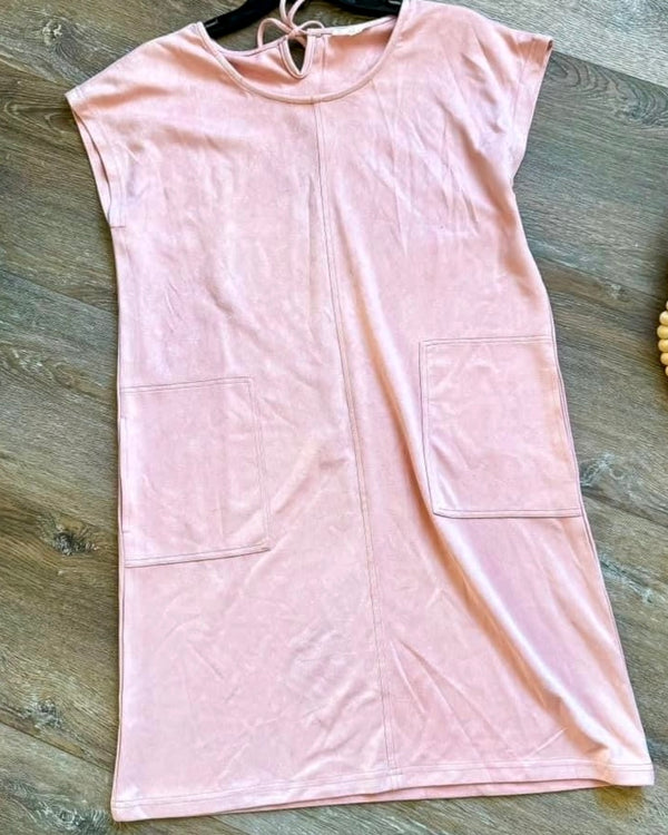 Blush Rose Pink Washable Faux Suede Pocket Dress