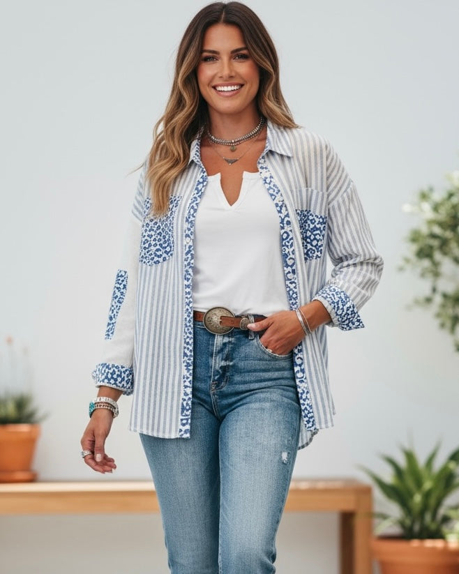 White & Blue Mix Block Leopard & Stripe Long Sleeve Button Down Collar Top