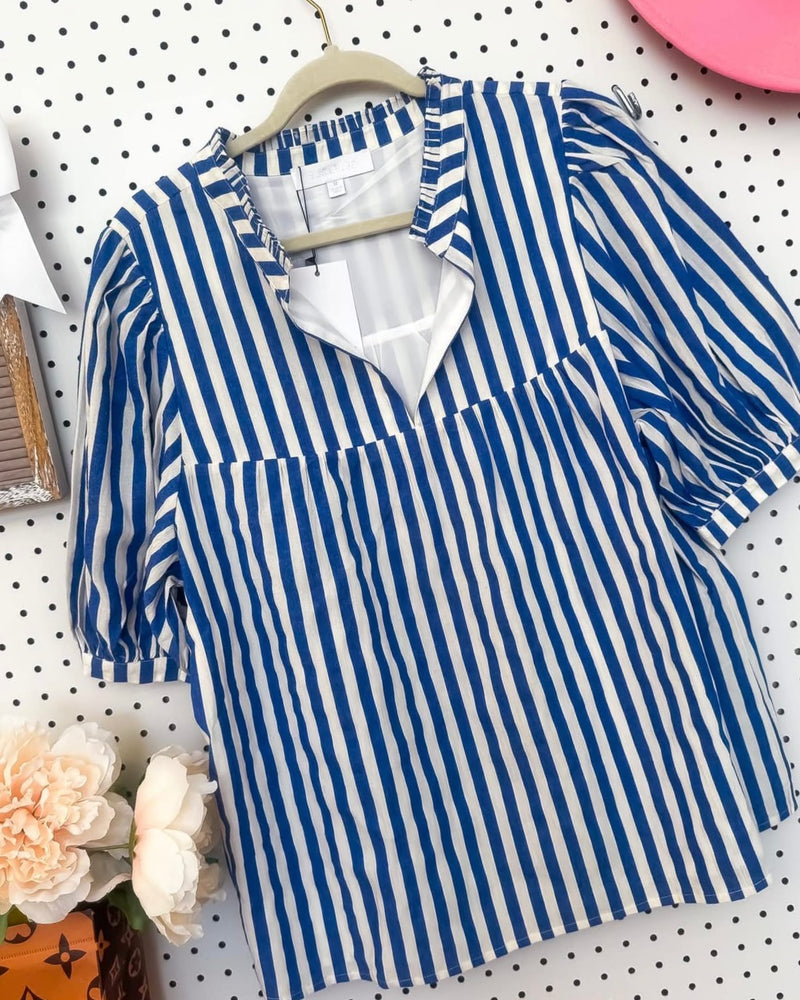 Blue & White Stripe Split VNeck 3/4 Elbow Puff Sleeve Top