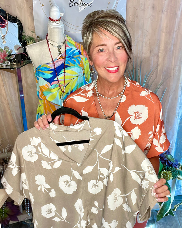 Tan, Rust or Green Tropical Blouse with Large White Flower Print