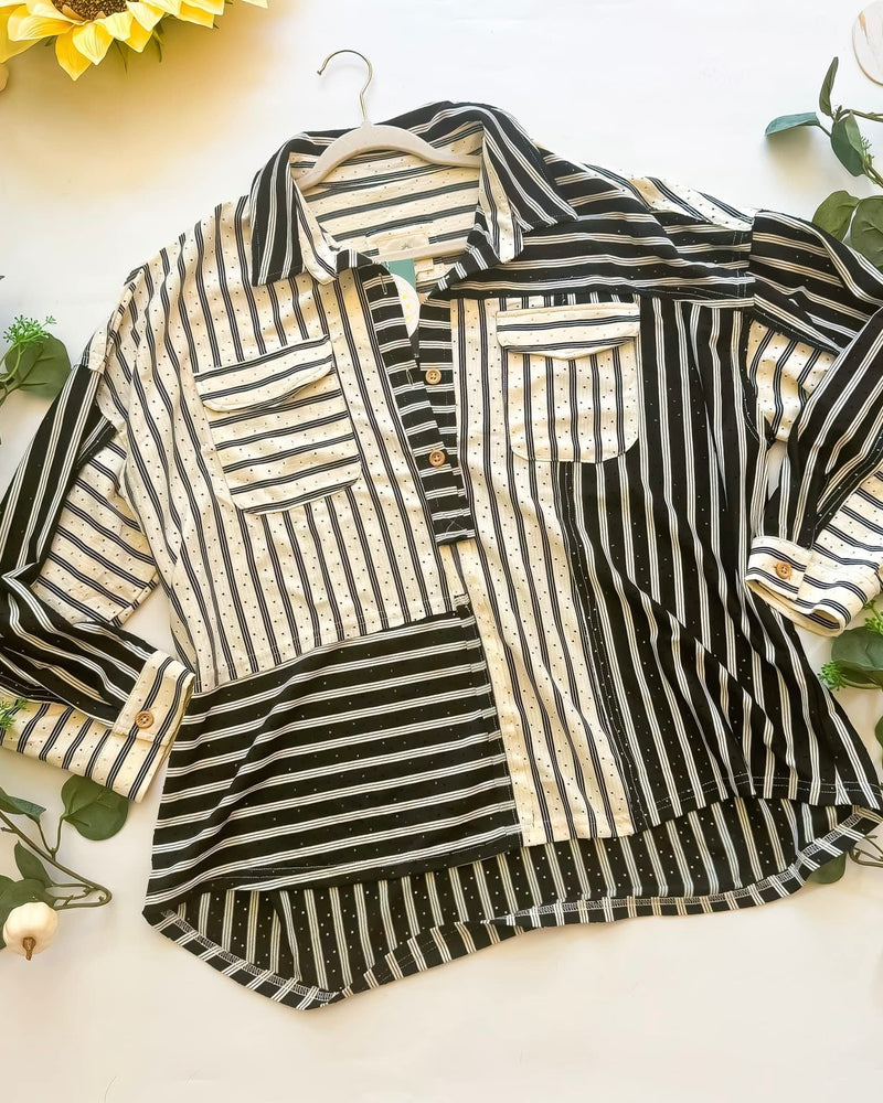 Black & White Contrasting Color Block Striped Long Sleeve Button Down Blouse