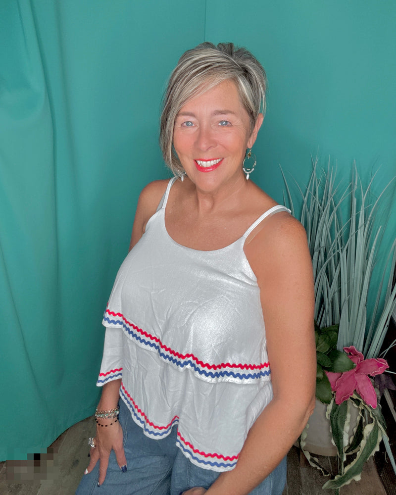 White w/Red & Blue Ricrac Double Layered Woven Linen Cami Adjustable Spaghetti Straps Tank Top