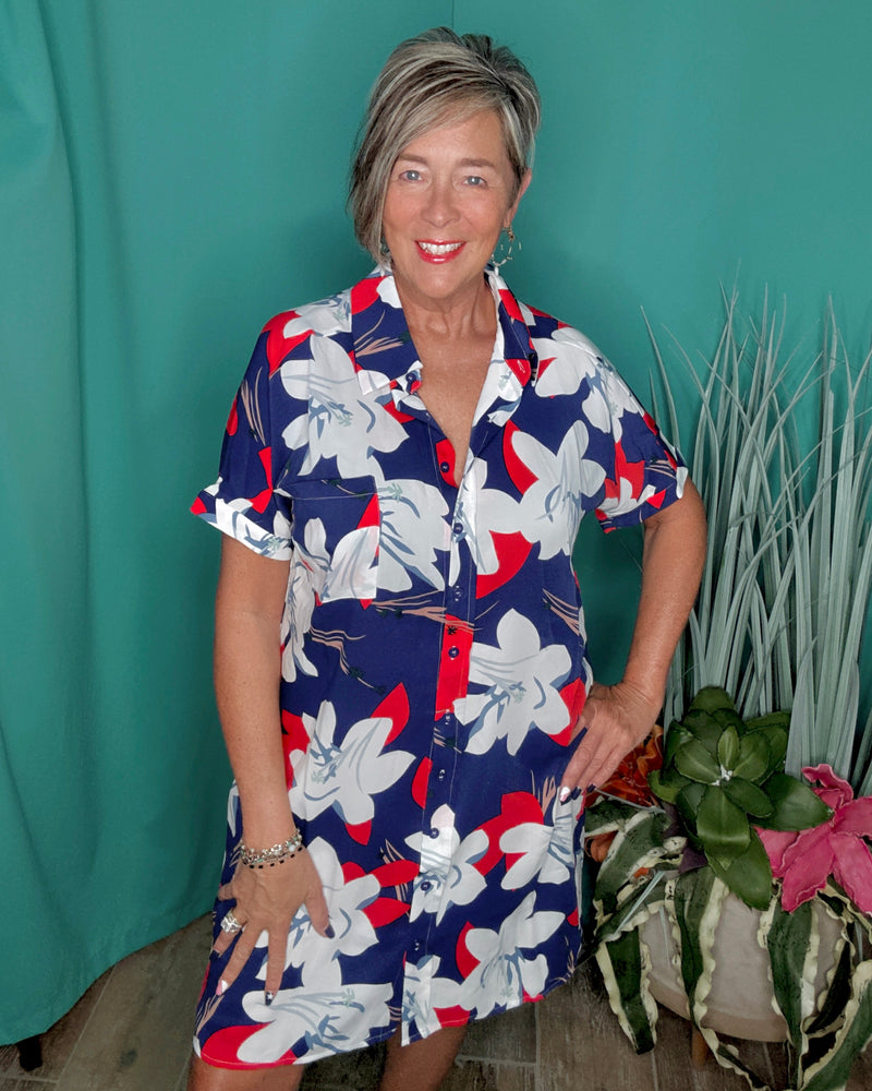 RWB Tropical Floral Print Lake Days Button Up Short Sleeve Dress