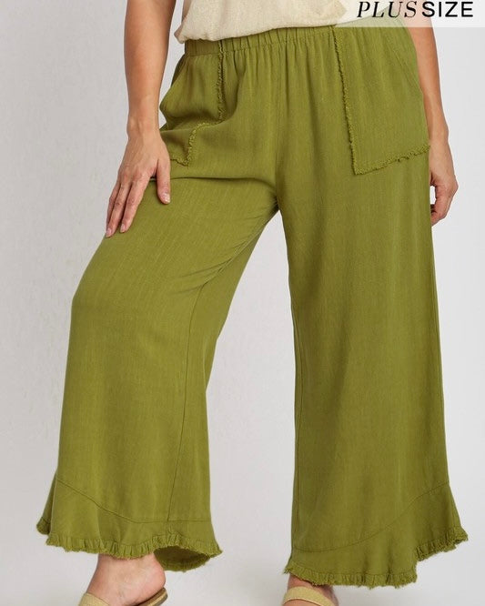 Plus Size Olive Green Cotton & Linen Blend Frayed Edge Detail Wide Ruffle Leg Pocket Pants
