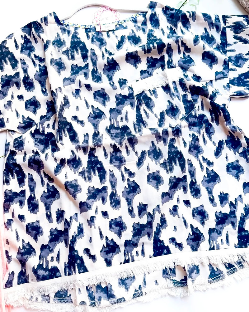Black & White Animal Print Boxy Cut Short Sleeve Fray Detail Top