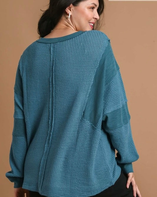 Teal Blue Waffle Mix  Button Neck Long Sleeve Top