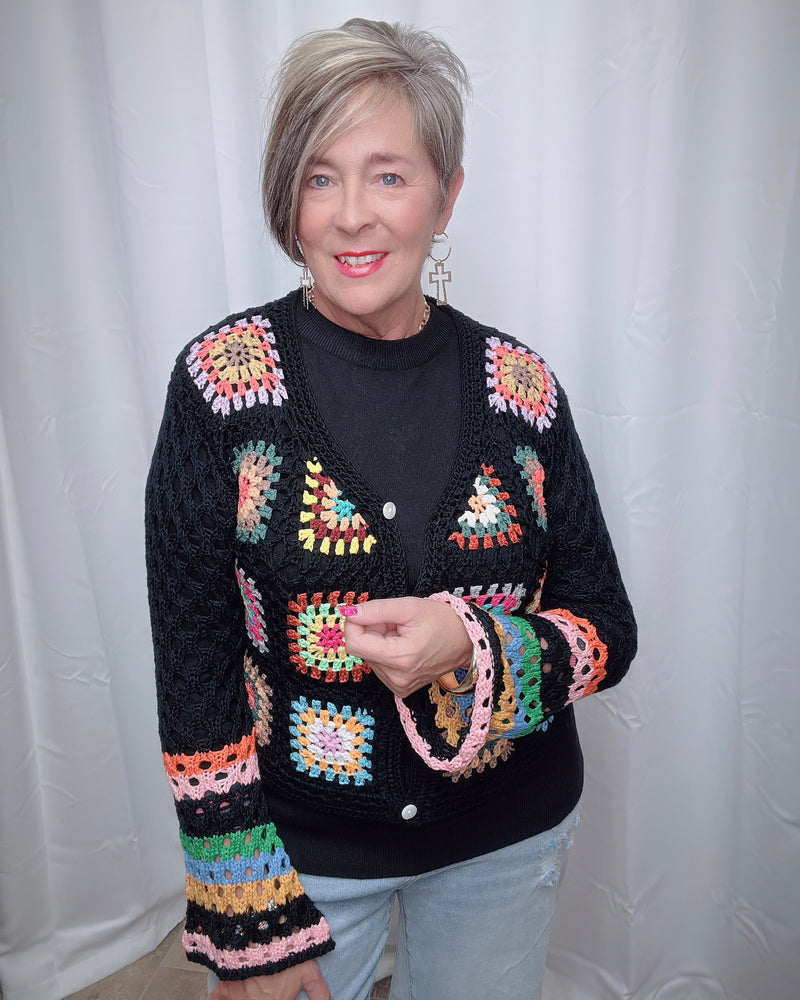 Black Multicolor Crochet Knit Long Sleeve Button Down Cardigan
