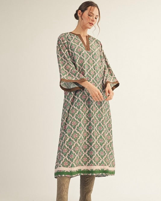 Boho Green & Brown Accent Floral Long Flare Sleeve Midi VNeck Dress