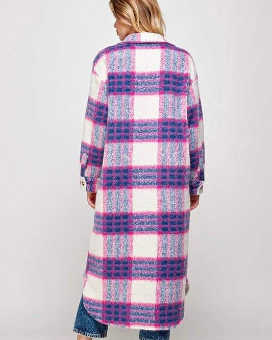 Purple, Blue & White Plaid Duster Long Wool Flannel Open Front Coat Shacket