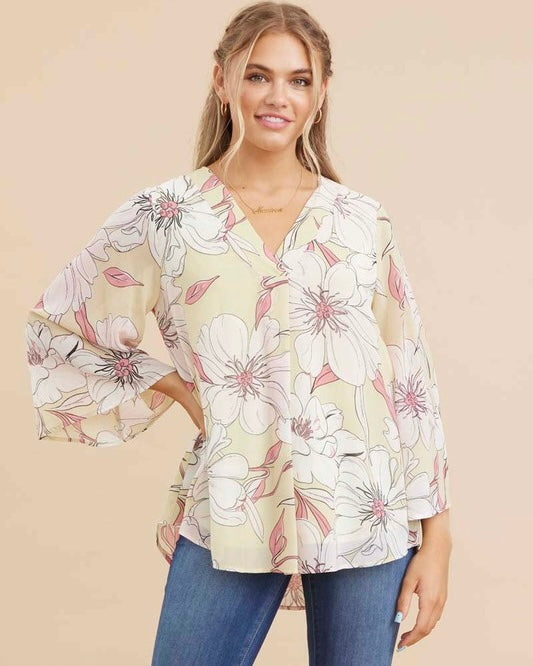 Pistachio Chiffon Large Flower Print Waterfall 3/4 Ruffle Sleeve VNeckline Blouse