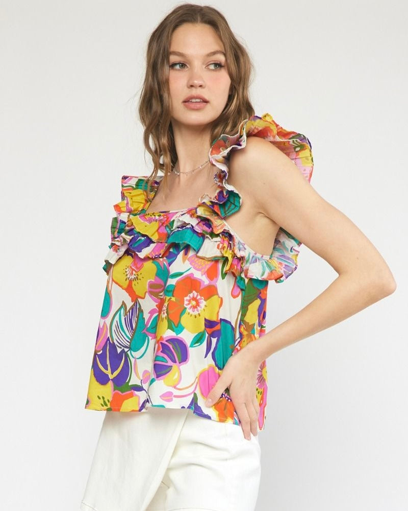 Bright Multicolor Square Neck Ruffle Tank Top