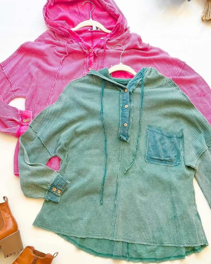 Pink or Green Wash Thermal Waffle Outside Stitch Front Pocket Pullover Hoodie