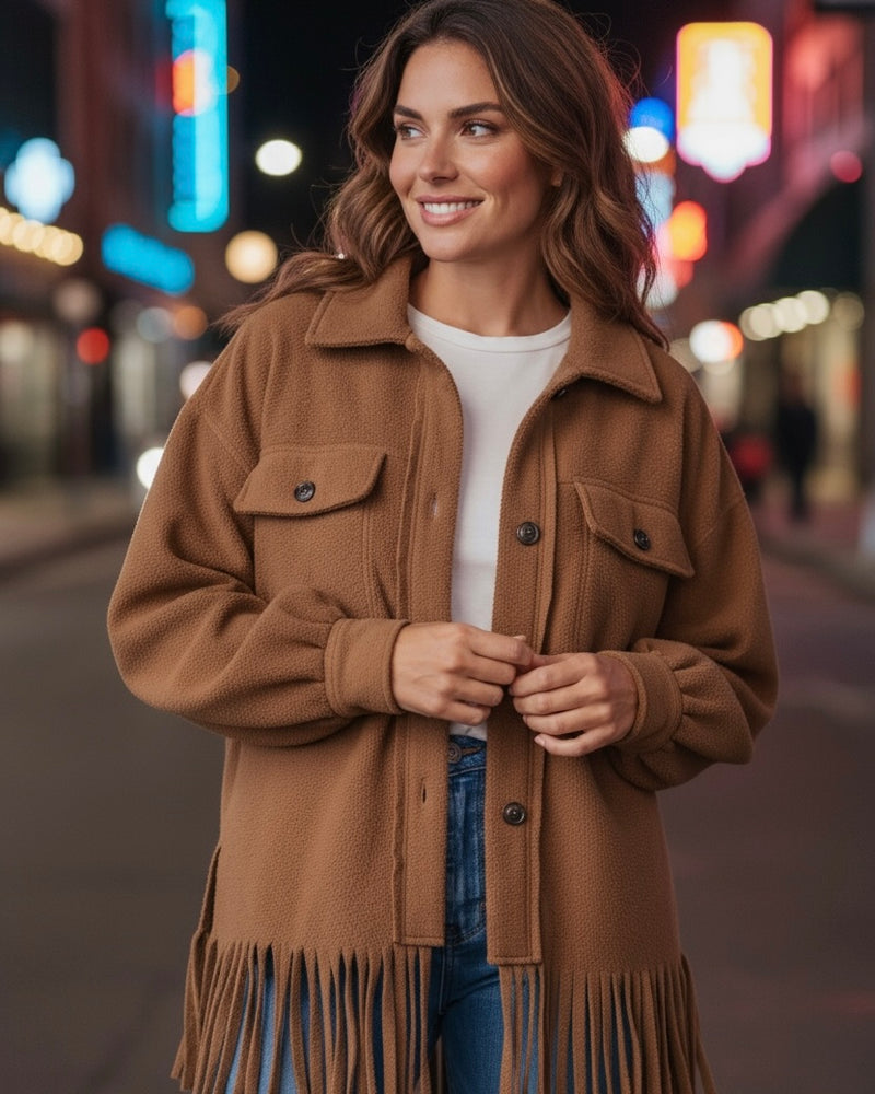 Solid Brown Fleece Button Down Fringe Long Sleeve Oversize Shirt Jacket