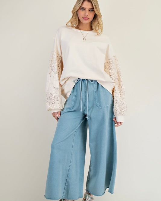 Plus Size Mineral Washed Terry Knit Large Pocket Wide Leg Cargo Lounge Pants