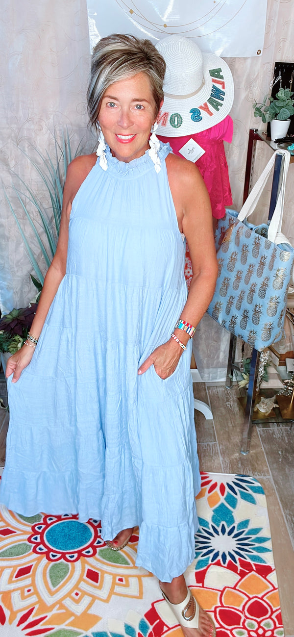 Baby Blue Gauze Maxi Halter Tier Dress