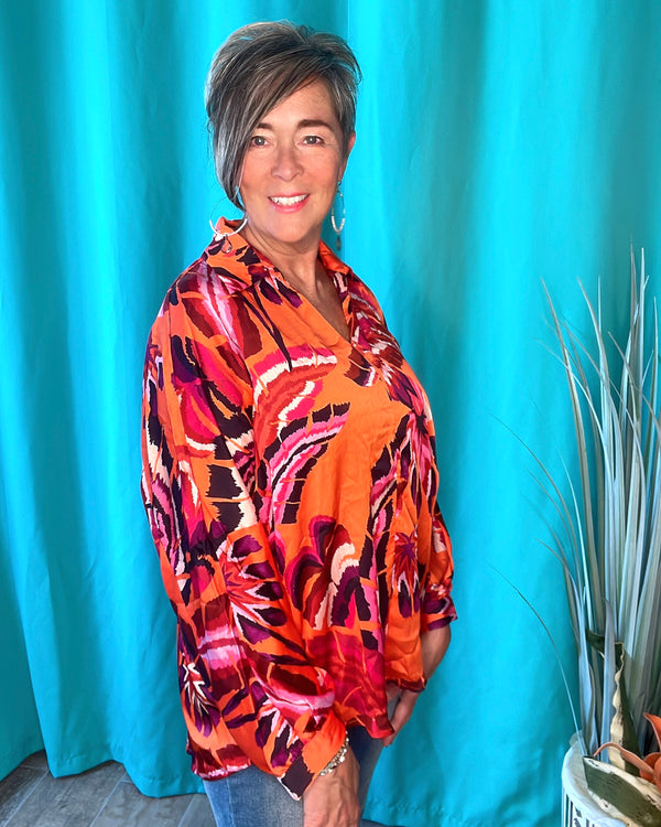 Orange Multi Abstract Long Sleeve Button Down Blouse