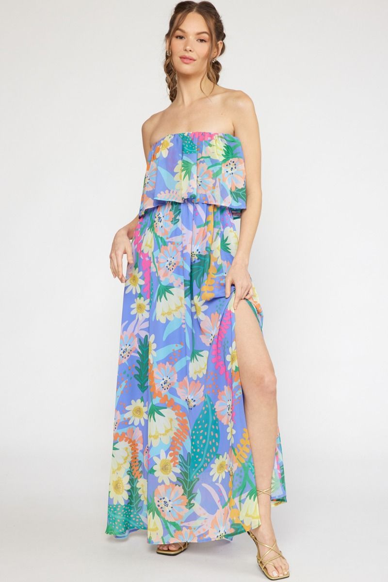 Purple Multicolor Floral Strapless Side Split Maxi Dress