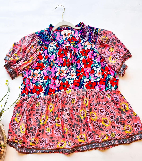 Plus Size Navy, Red & Pink Floral Mix Print Smocked Shoulder Short Sleeve Top