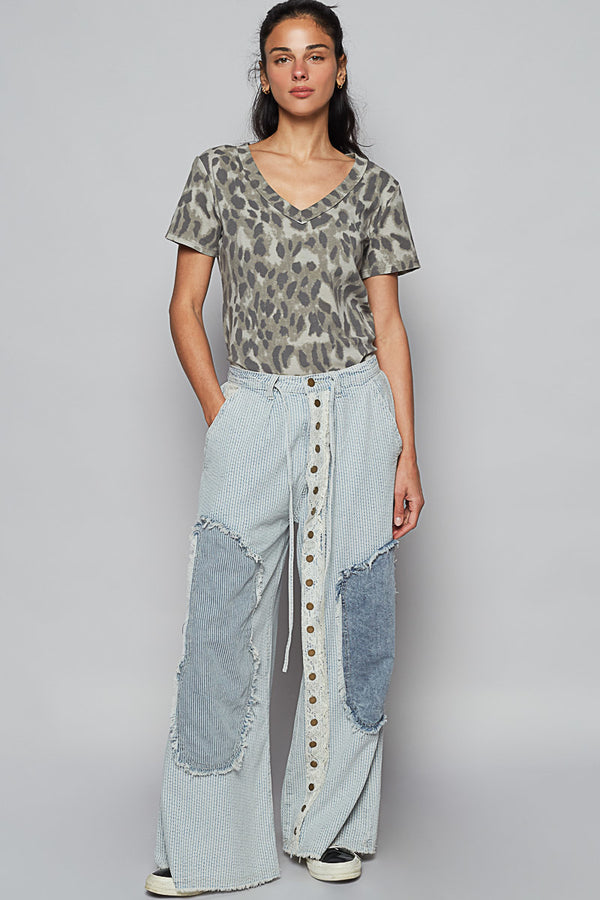 Roomy Light Striped Denim Patch Lace Button Detail Pant