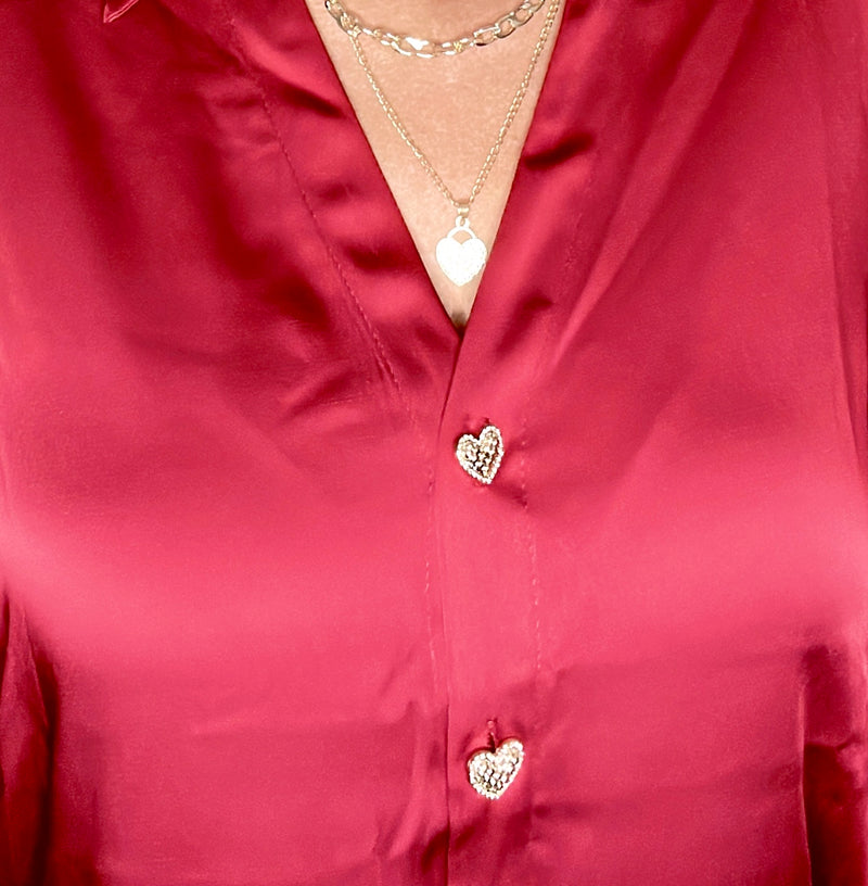 Ruby Red Satin VNeck Collared Long Cuff Sleeve Heart Shape Button Blouse
