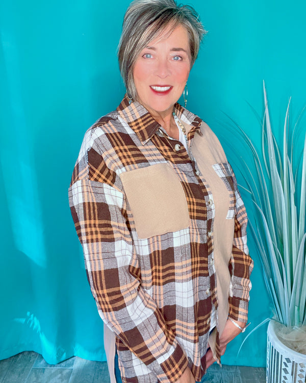 Khaki Tan Thermal Knit w/Brown Plaid Patchwork Block Long Sleeve Top