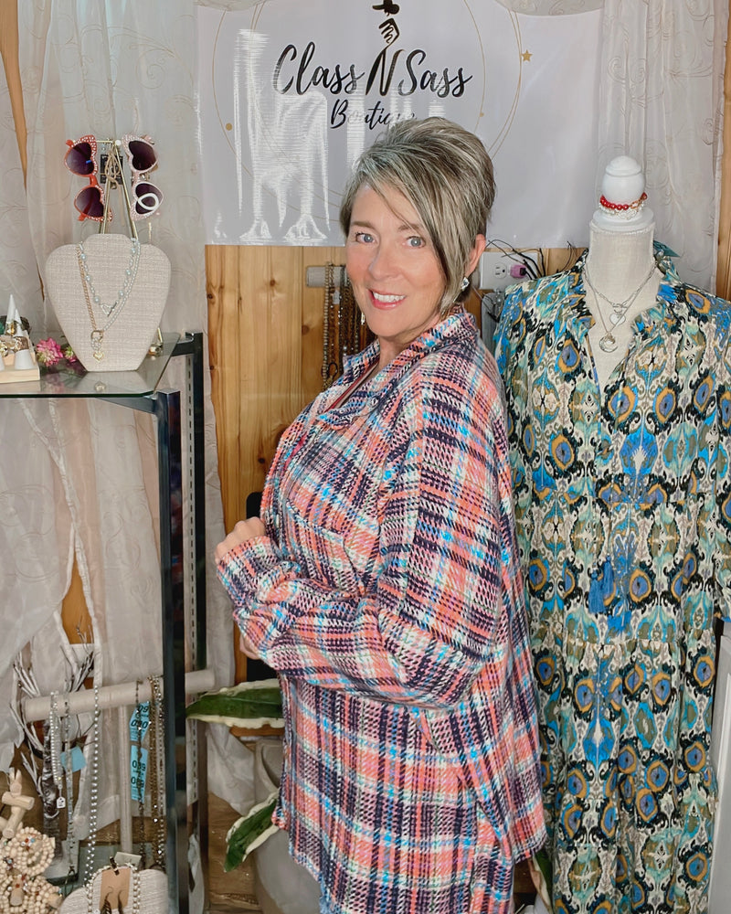 ***Red White & Blue Plaid or Blue & Cream Plaid Soft Fleece Plaid Button Down Shirket Pocket Top